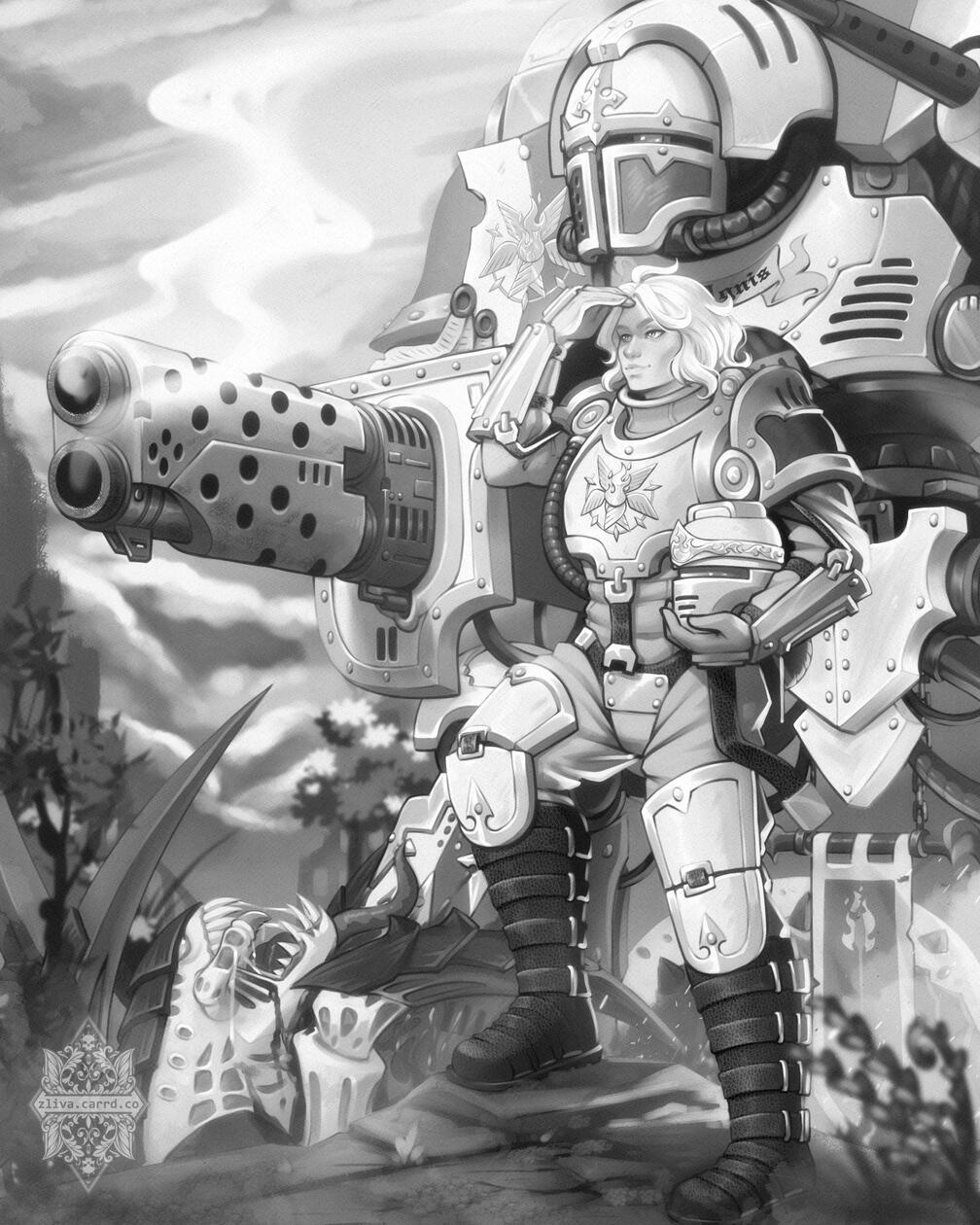 full | greyscale render | complex background